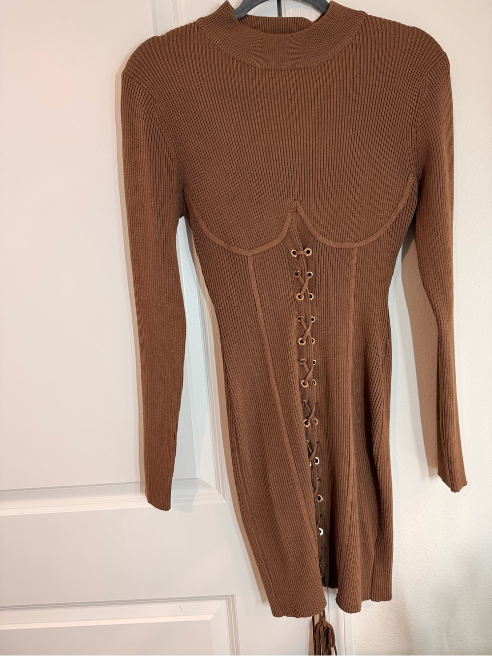 Say What? Brown Ribbed Lace-Up Long Sleeve Dress NWOT
